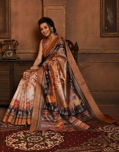 Brown Soft Tussar Silk Saree With Kalamkari Printed Work