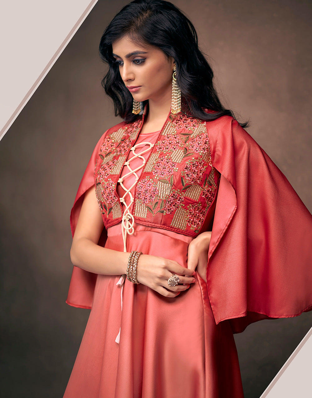 Rose Red Triva Satin Silk With Embroidered Work Gown