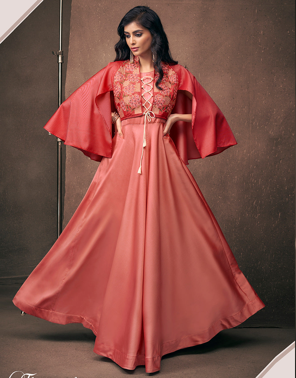 Rose Red Triva Satin Silk With Embroidered Work Gown