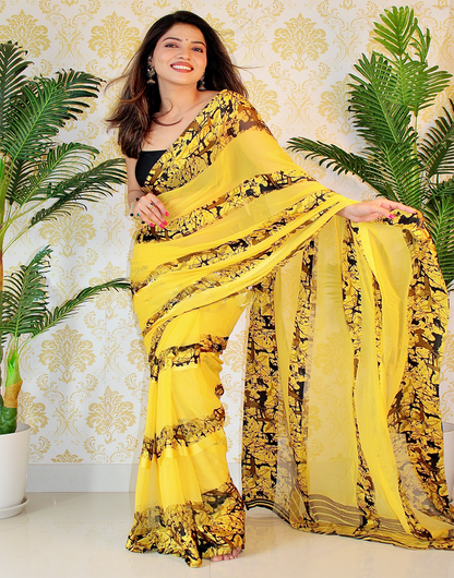 Yellow Georgette Printed Saree With Satin Patta