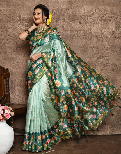 Mint Green Soft Tussar Silk Saree With Floral Printed Work