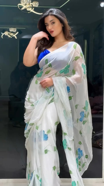 White Colour Orgenza Silk Ready To Wear Saree With Stitched Blouse
