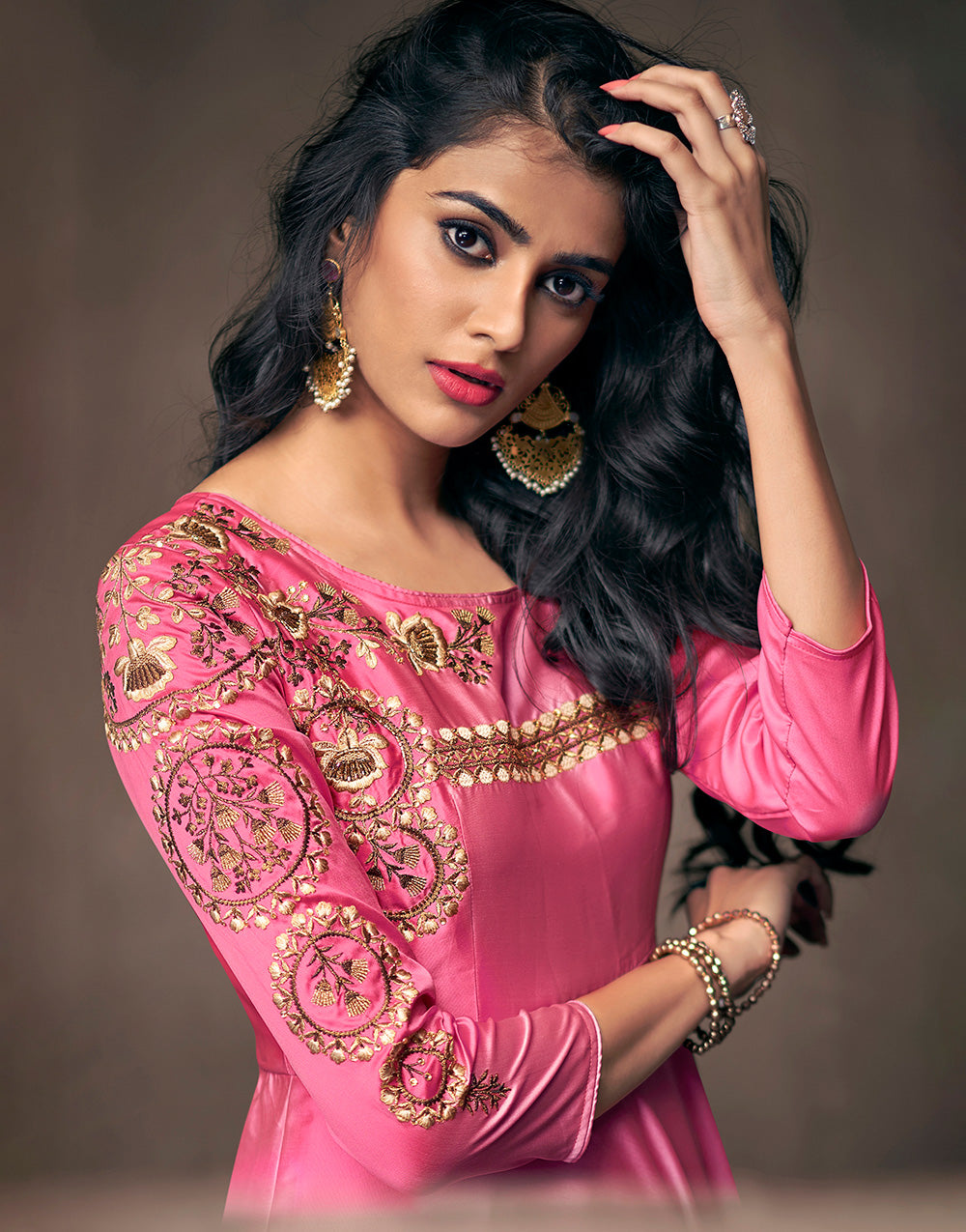 Pink Triva Satin Silk With Embroidered Work Gown