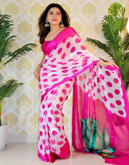 Pink Georgette Printed Saree With Satin Patta
