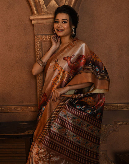 Brown Soft Tussar Silk Saree With Kalamkari Printed Work