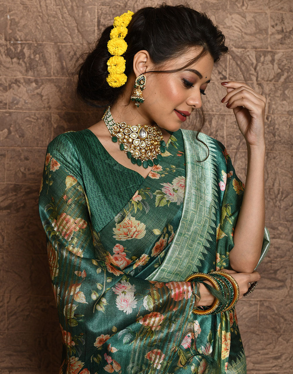 Mint Green Soft Tussar Silk Saree With Floral Printed Work