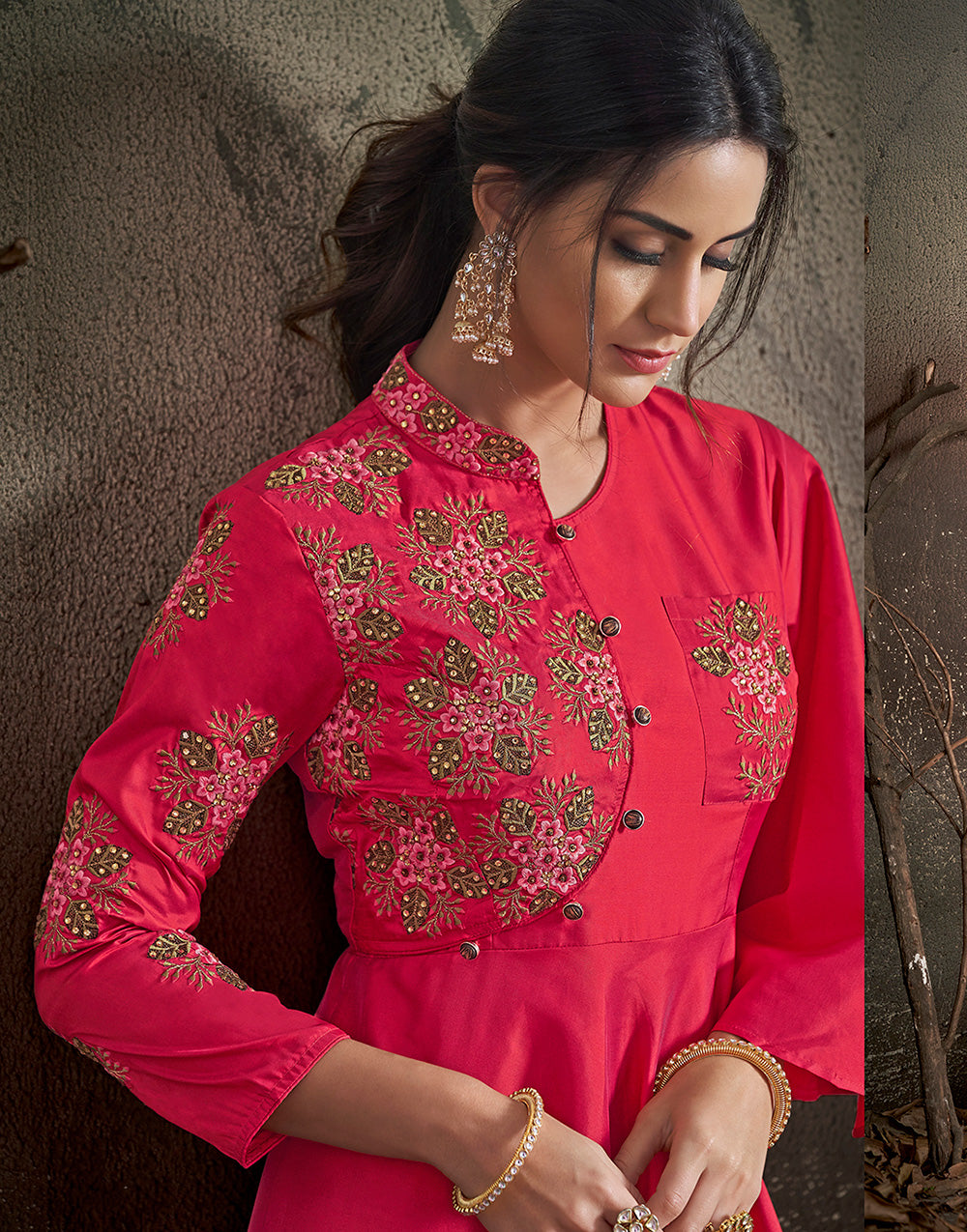 Red Soft Tapeta Silk With Embroidered Work Gown