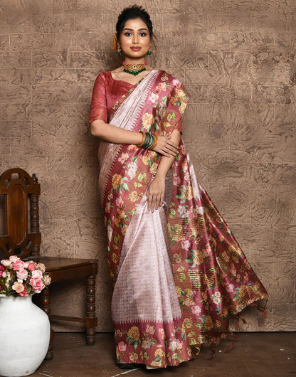 Crepe Pink Soft Tussar Silk Saree With Floral Printed Work