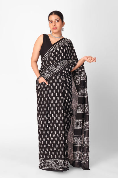 Black Colour Mul Cotton Ready To Wear Saree With Pocket