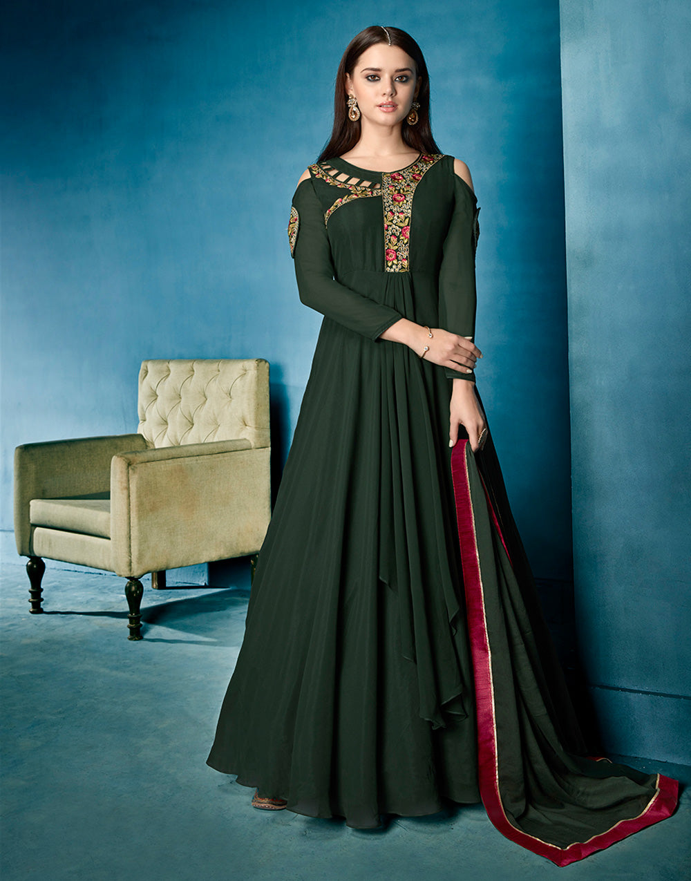 Dark Green Georgette With Embroidered Work Gown