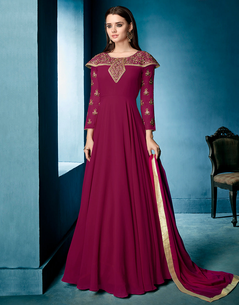 Fandango Magenta Georgette With Embroidered Work Gown