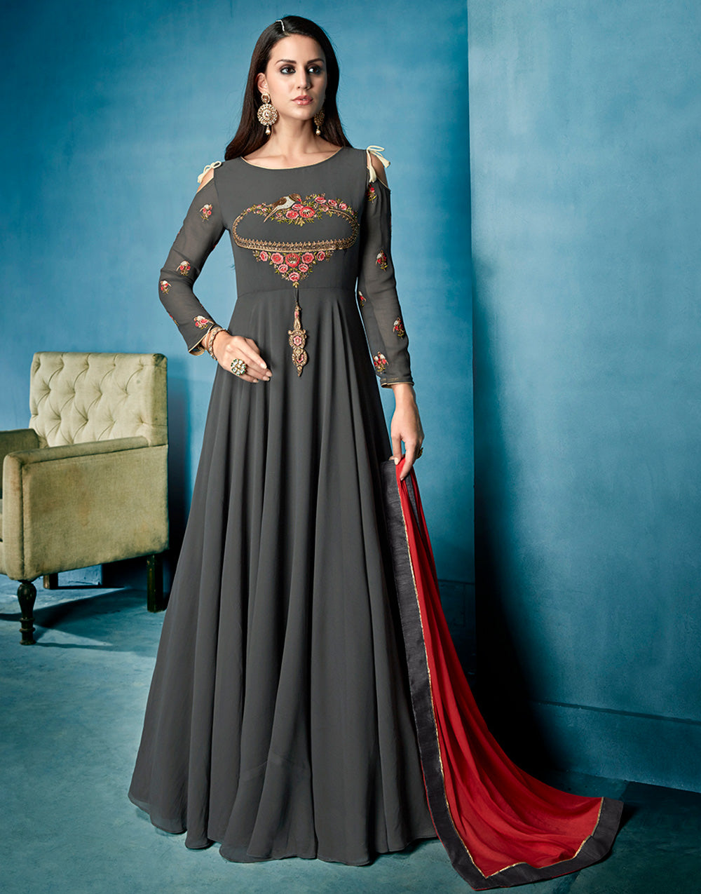 Lead Black Georgette With Embroidered Work Gown