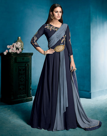 Navy Blue Georgette With Embroidered Work Gown