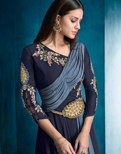 Navy Blue Georgette With Embroidered Work Gown