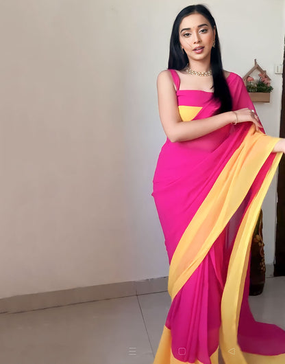 Pink & Yellow Georgette Ready To Wear Saree