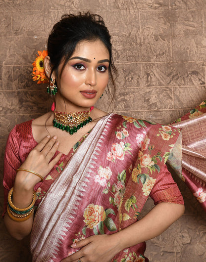 Crepe Pink Soft Tussar Silk Saree With Floral Printed Work