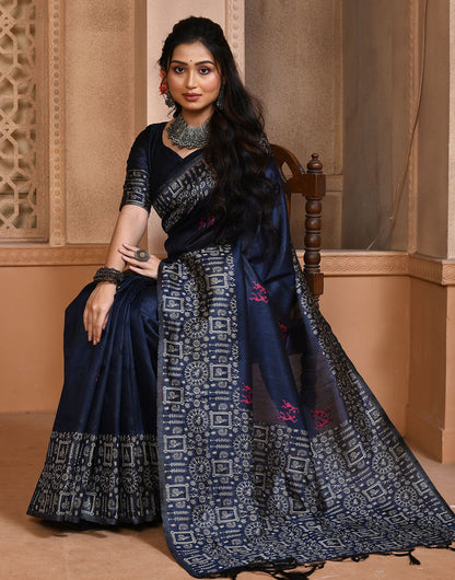 Navy Blue Silk Saree With Weaving Work