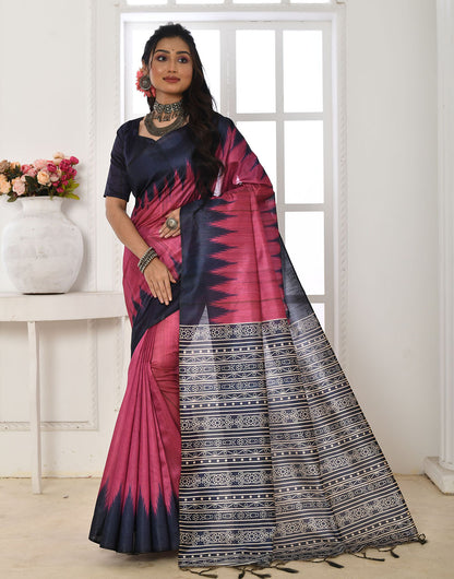 Pink Tussar Silk Saree With Printed Work