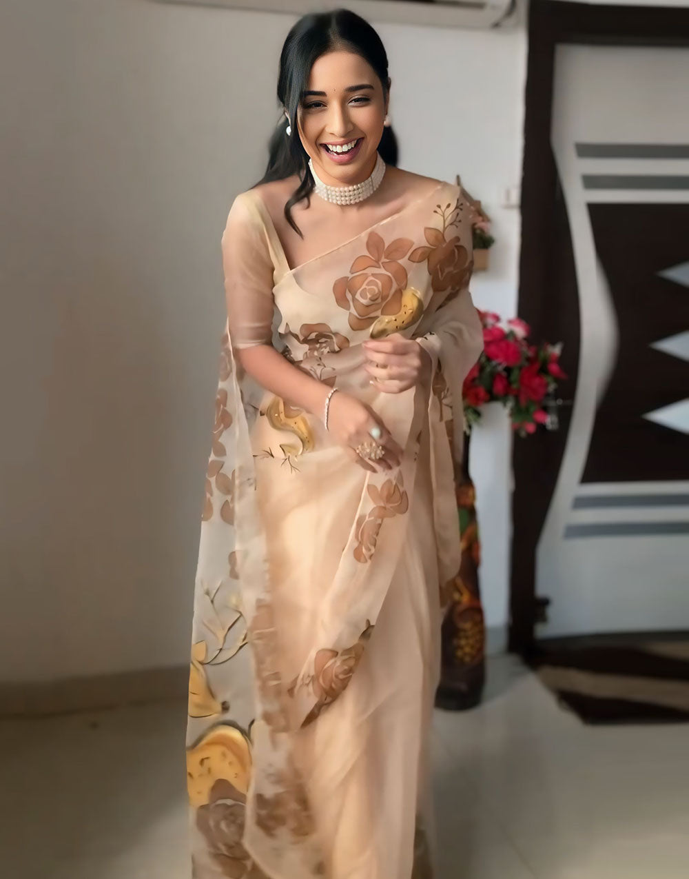 Light Brown Soft Organza Ready To Wear Saree With Printed Work