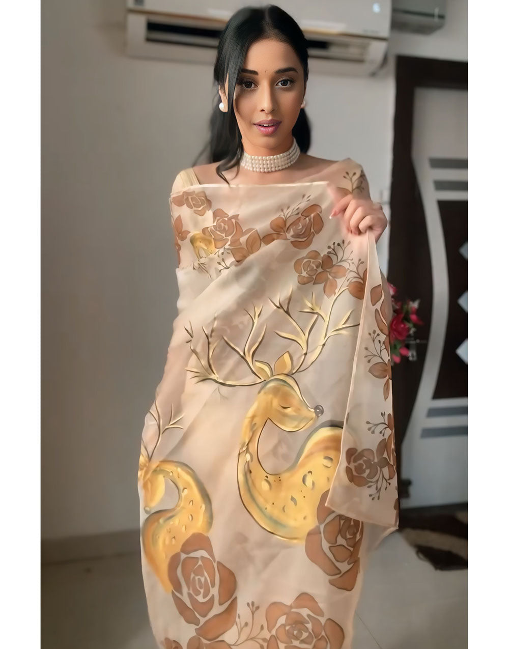 Light Brown Soft Organza Ready To Wear Saree With Printed Work