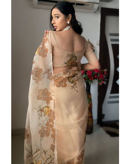 Light Brown Soft Organza Ready To Wear Saree With Printed Work