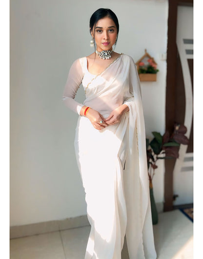 White Georgette With Cutwork Border Ready To Wear Saree