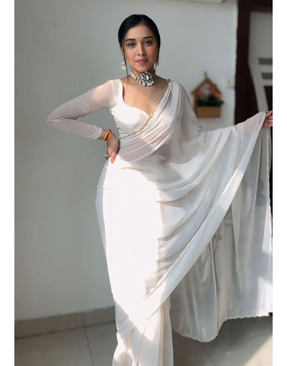 White Georgette With Cutwork Border Ready To Wear Saree