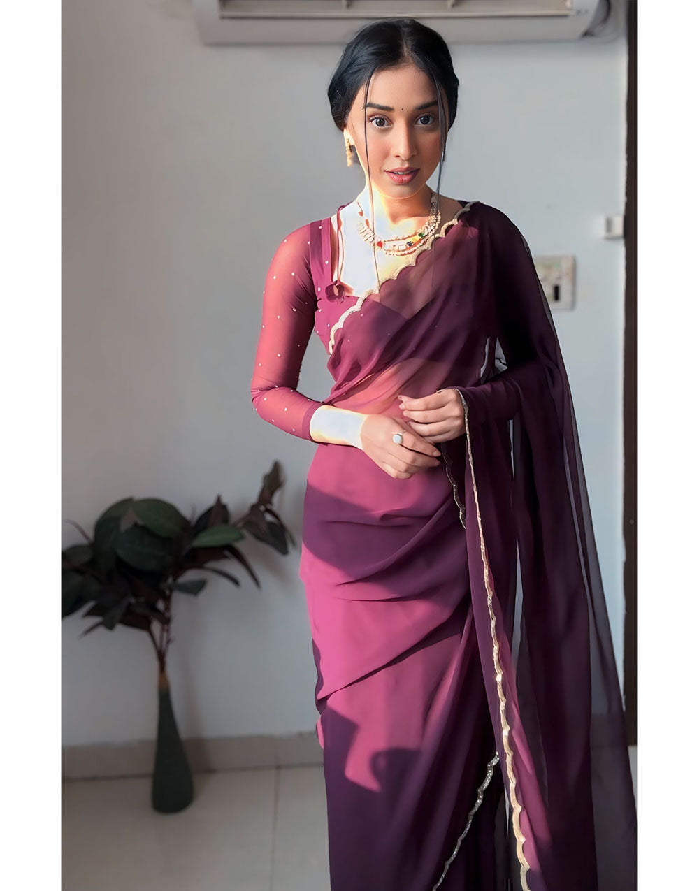 Dark Wine Georgette With Cutwork Border Ready To Wear Saree With Stitched Blouse