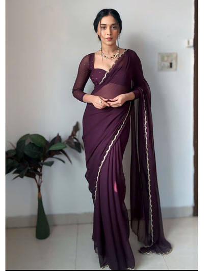 Maroon Georgette With Cutwork Border Ready To Wear Saree