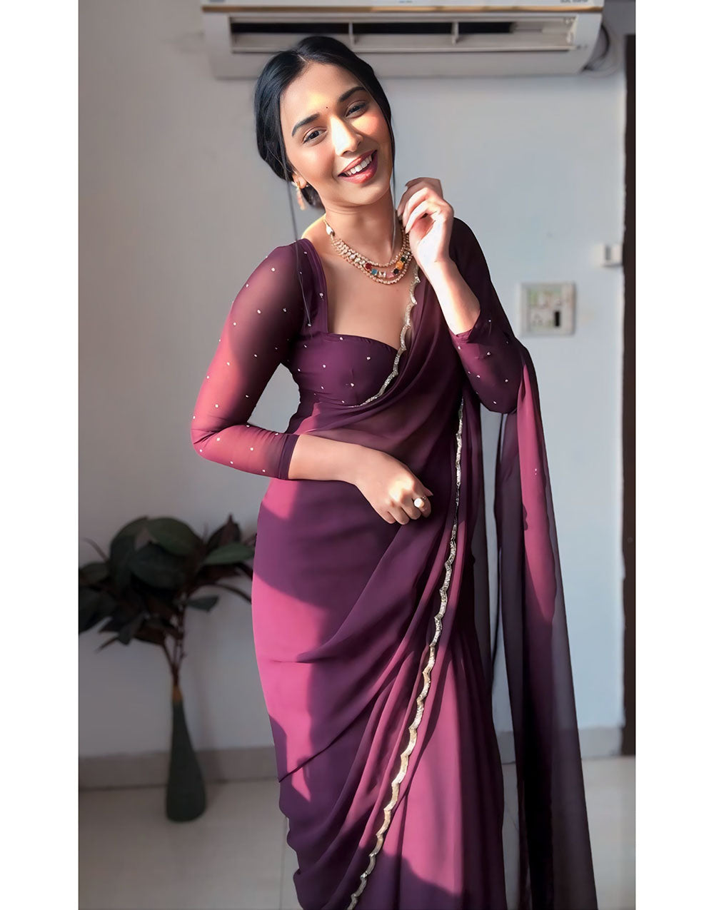 Dark Wine Georgette With Cutwork Border Ready To Wear Saree With Stitched Blouse