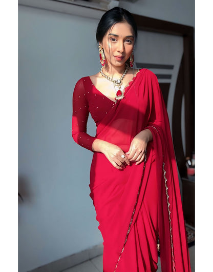 Candy Red Georgette With Cutwork Border Ready To Wear Saree