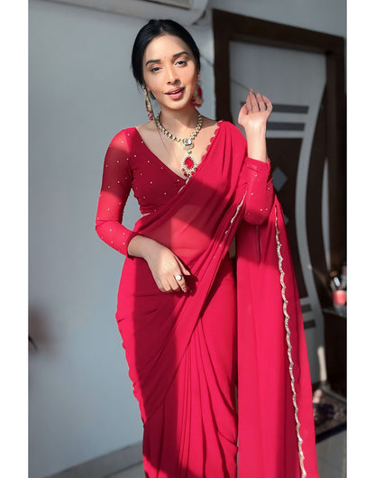 Candy Red Georgette With Cutwork Border Ready To Wear Saree