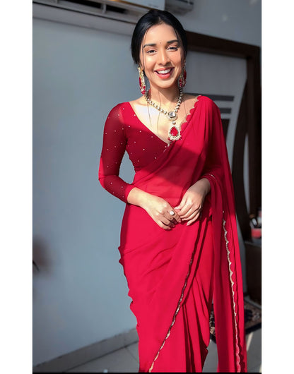 Candy Red Georgette With Cutwork Border Ready To Wear Saree