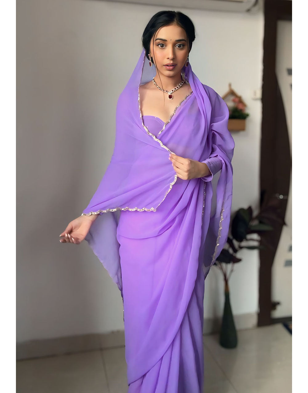 Lavender Georgette With Cutwork Border Ready To Wear Saree