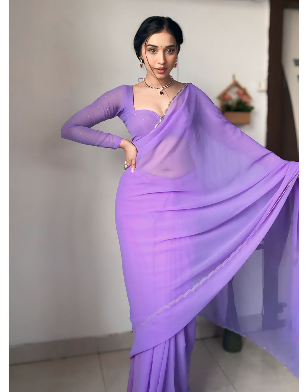 Lavender Georgette With Cutwork Border Ready To Wear Saree