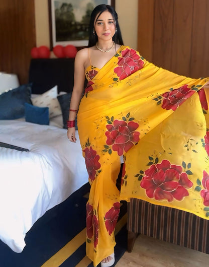 Yellow Georgette Ready To Wear Saree With Floral Printed Work