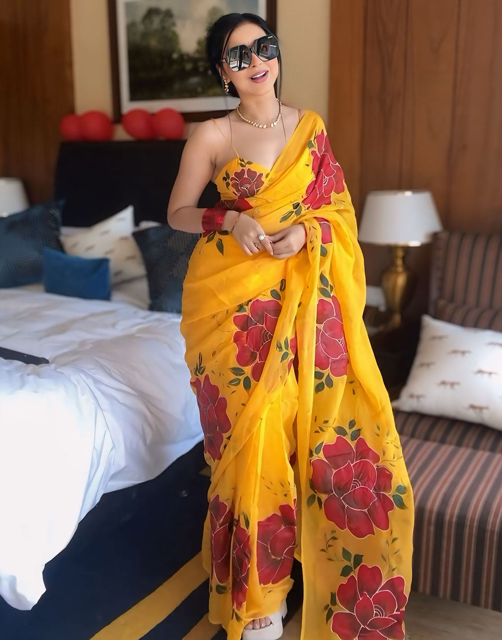 Yellow Georgette Ready To Wear Saree With Floral Printed Work