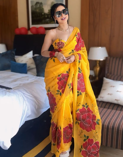 Yellow Georgette Ready To Wear Saree With Floral Printed Work