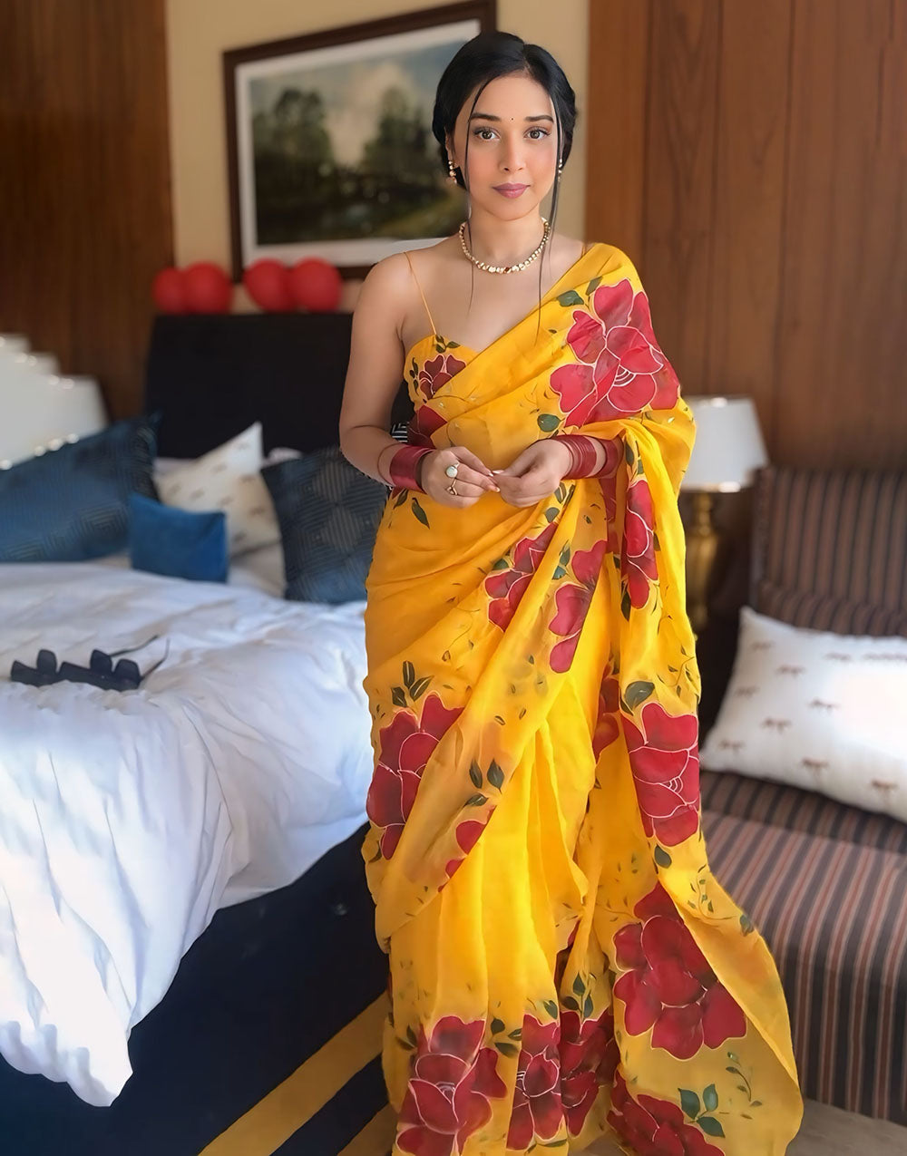 Yellow Georgette Ready To Wear Saree With Floral Printed Work