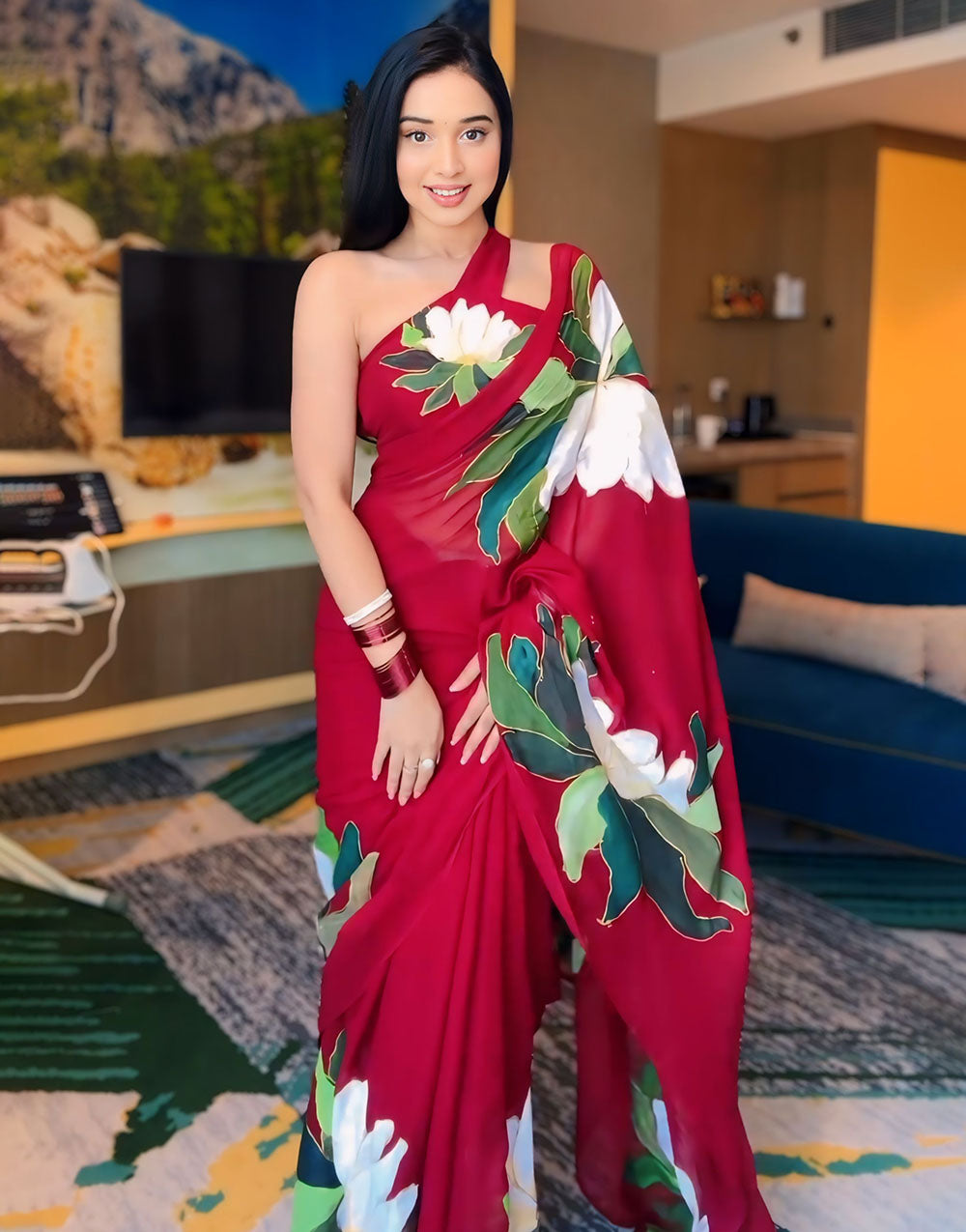 Cherry Red Soft Georgette Printed Ready To Wear Saree