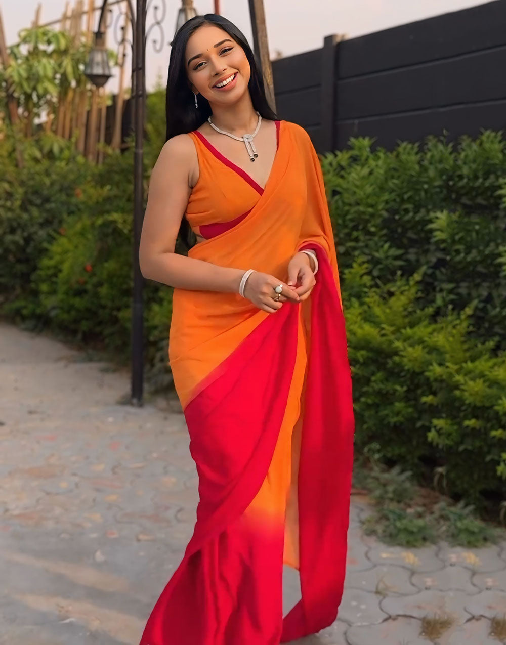 Orange & Red Georgette Ready To Wear Saree