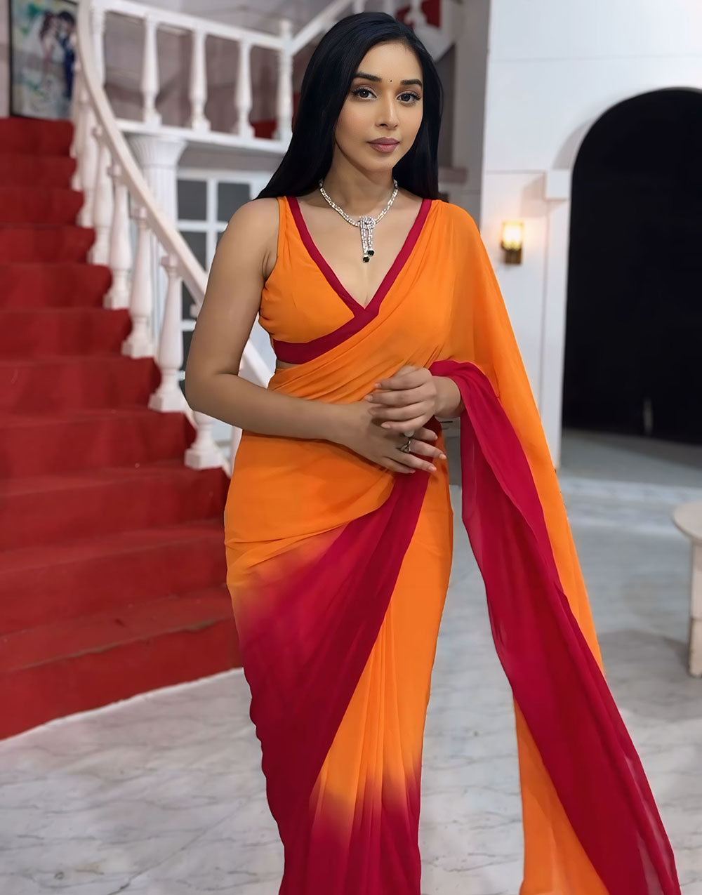 Orange & Red Georgette Ready To Wear Saree