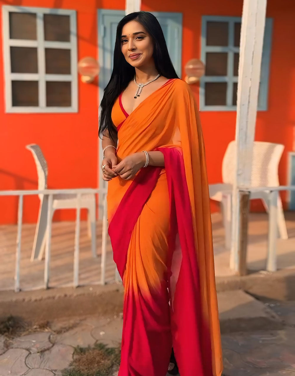 Orange & Red Georgette Ready To Wear Saree