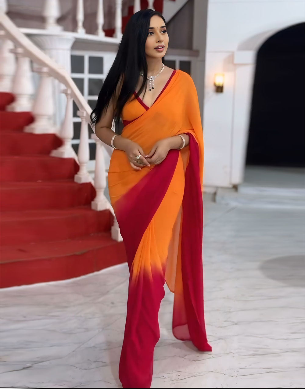 Orange & Red Georgette Ready To Wear Saree