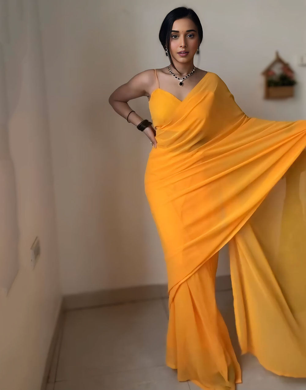 Yellow Georgette Ready To Wear Saree