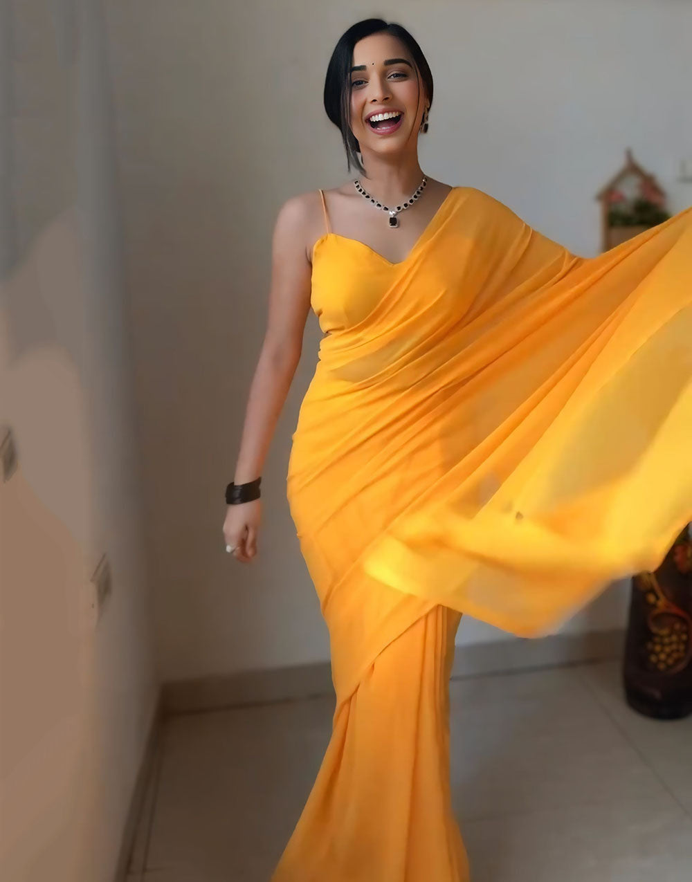 Yellow Georgette Ready To Wear Saree