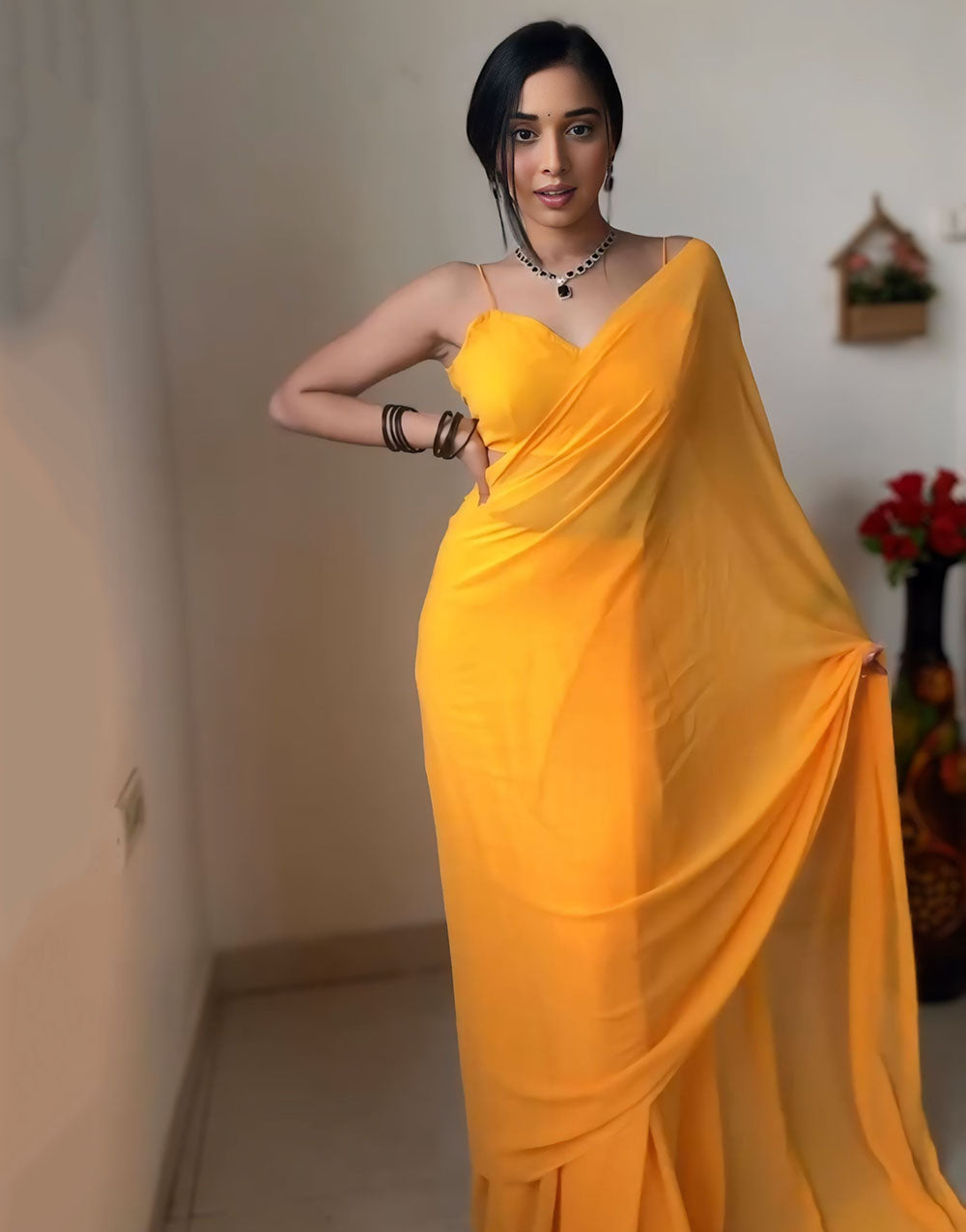 Yellow Georgette Ready To Wear Saree