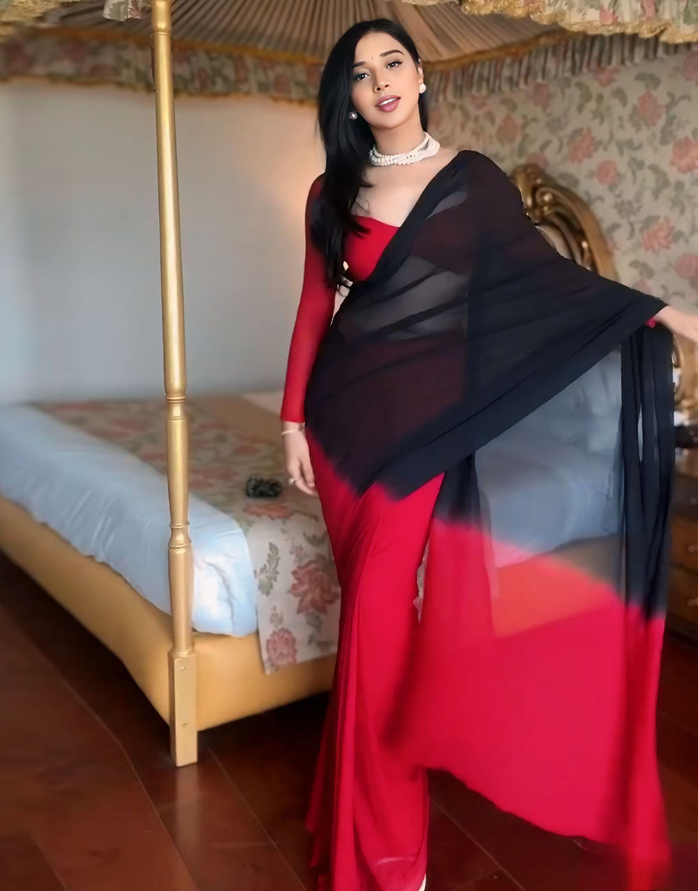 Red & Black Georgette Ready To Wear Saree