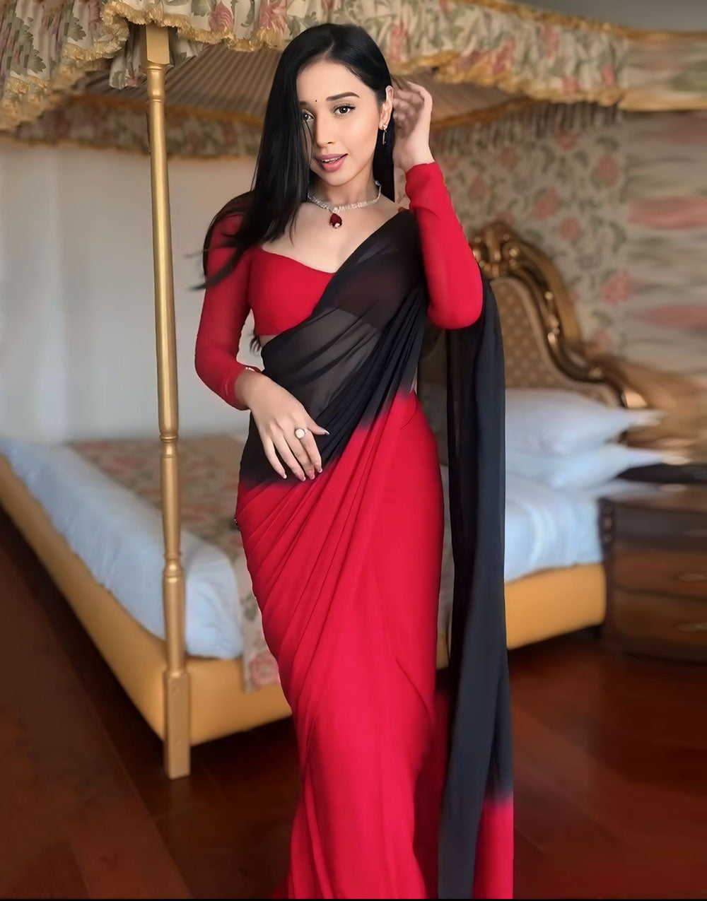 Red & Black Georgette Ready To Wear Saree