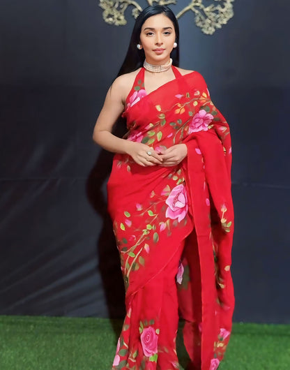 Rose Red Georgette Ready To Wear Saree With Printed Work